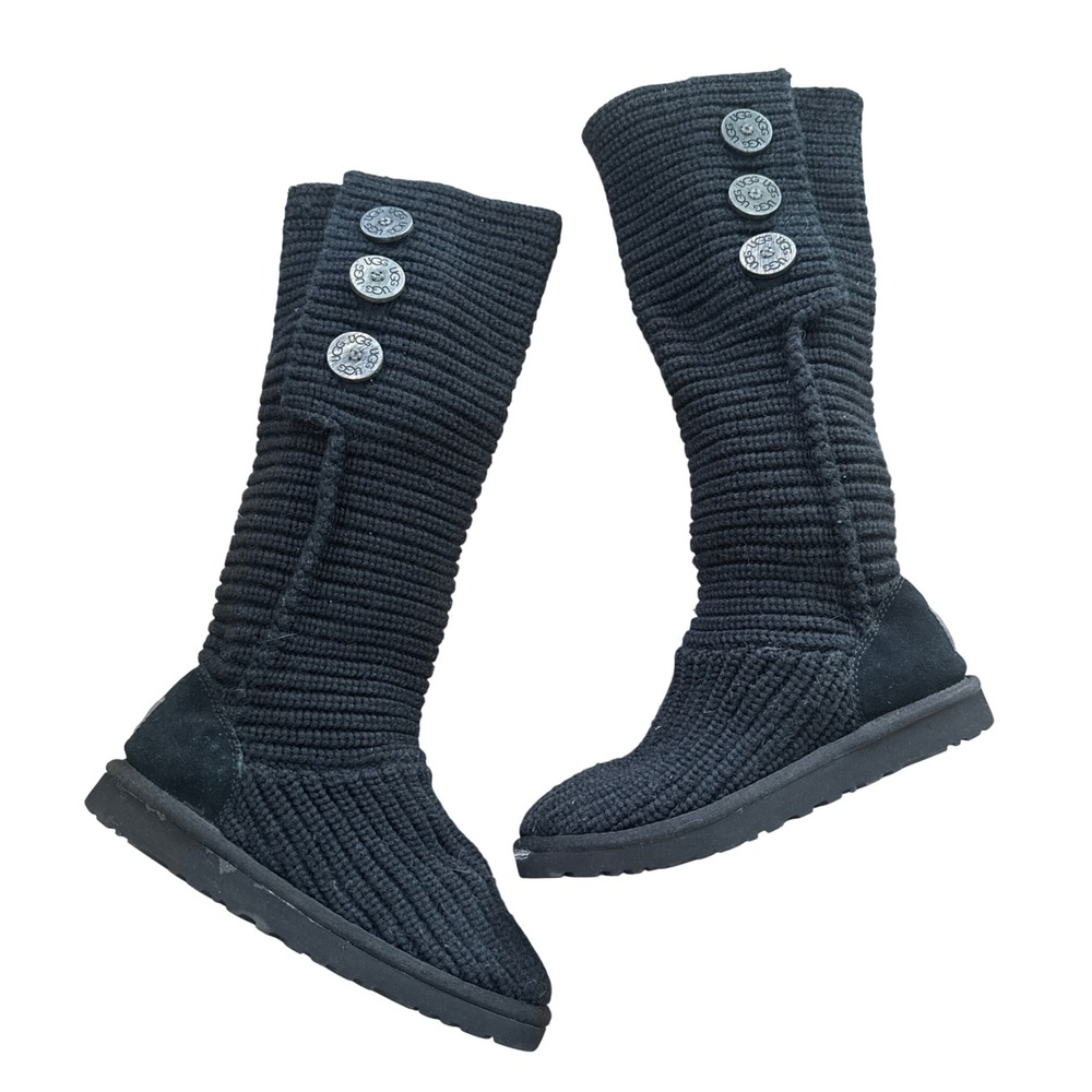 UGG Australia Classic Cardy Knit Boots Three Button Size 7 Black wool